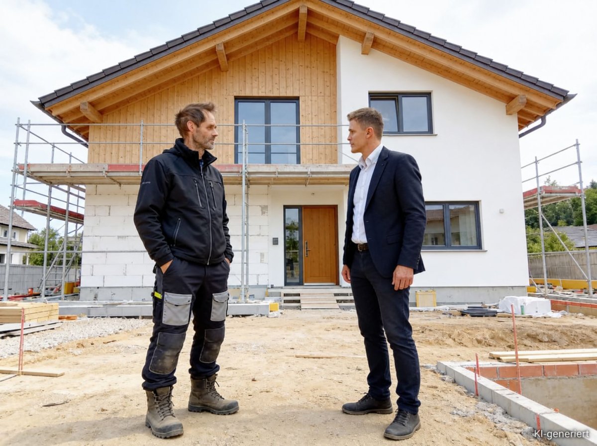 Persönliches Beratungsgespräch vor einem Wohnhaus im Bau