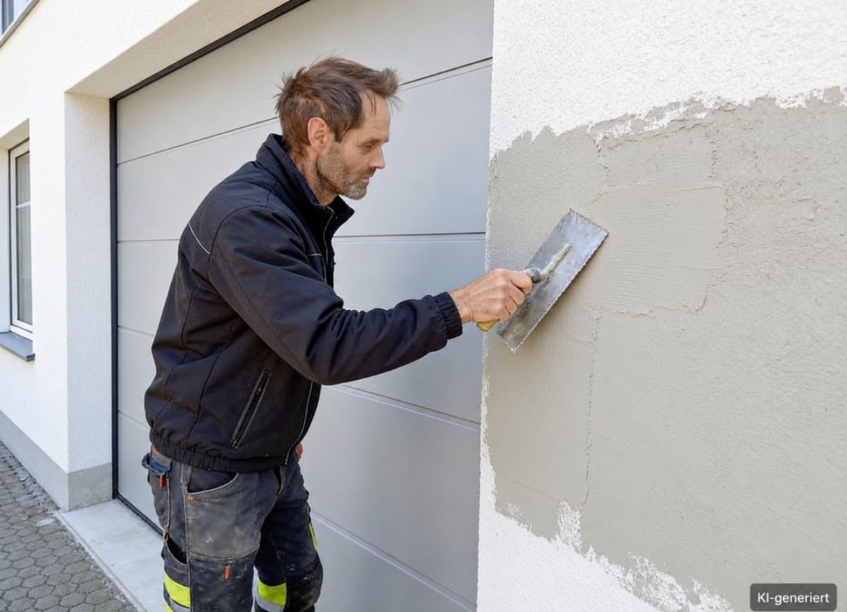 Handwerker beim Verputzen einer Außenwand für ein Bauprojekt im Raum Regensburg